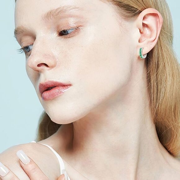 14K White Gold with Emerald Green Cubic Zirconia Princess Cut Huggie Earrings - Picture 5 of 5